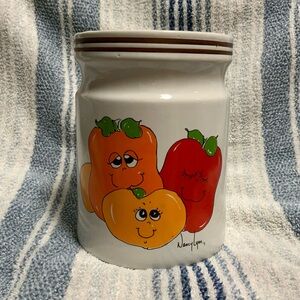 Vintage Nancy Lynn Container 1970s Stoneware Smiling Fruit Veggies Canister
